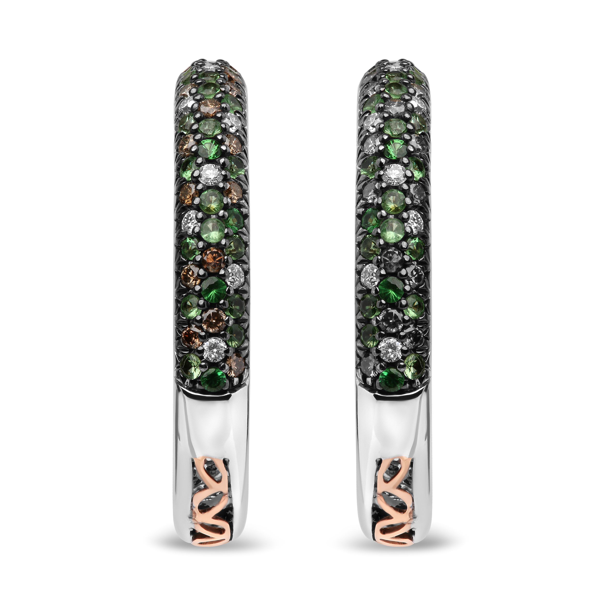 18K White Gold 1.00 Cttw Brown and White Diamond and 1.3mm Round Green Tsavorite Gemstone Inside Outside Hoop Earrings (Brown and G-H Color, SI1-SI2 Clarity)
