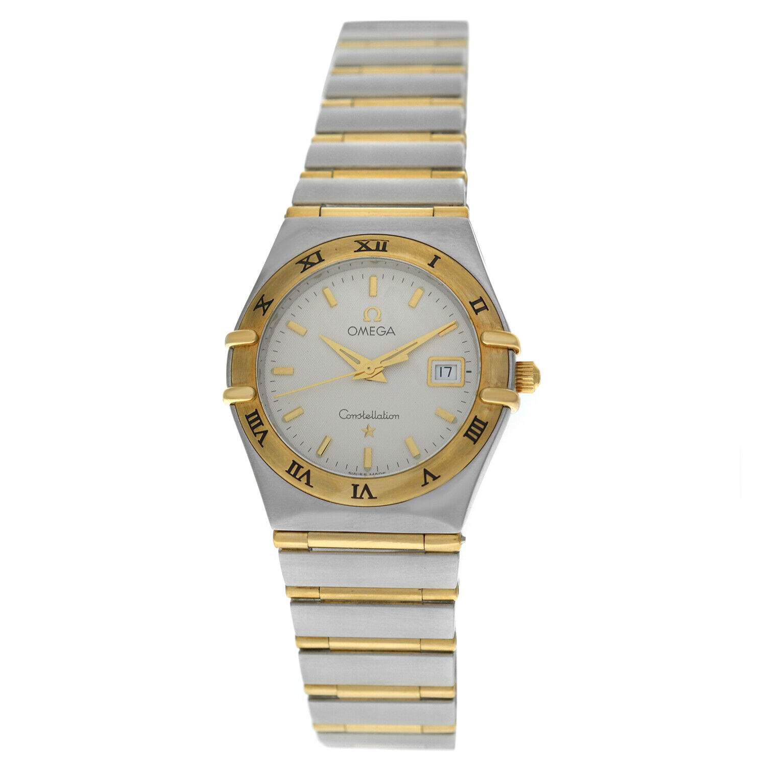 Omega Constellation Full Bar 18k Gold Steel Date Ladies Quartz Watch