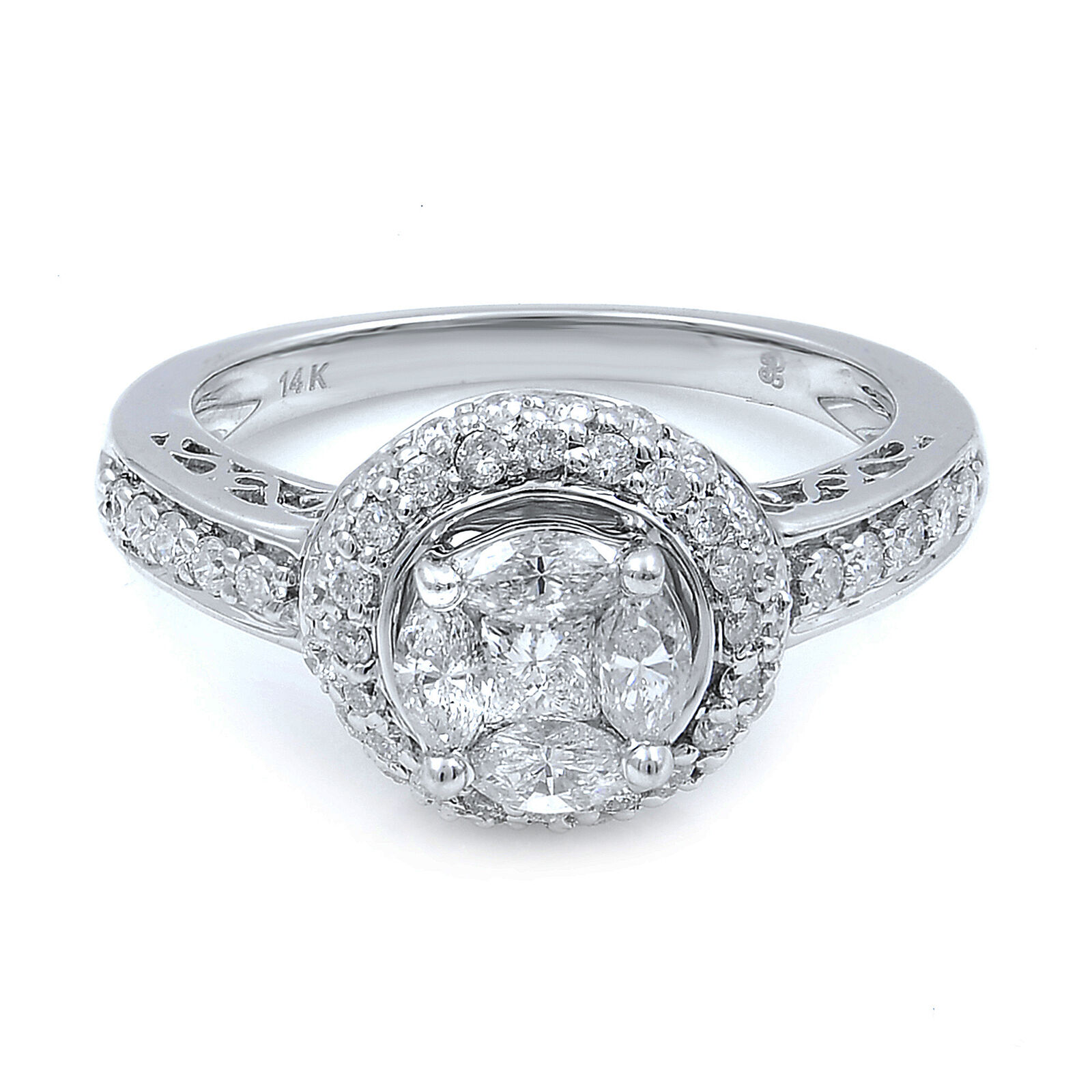 True 14K White Gold Diamond Halo Engagement Ring Size 6.75 1.13cts