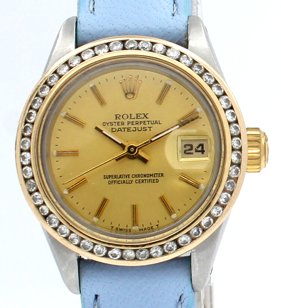 Ladies Vintage ROLEX Oyster Perpetual Datejust 26mm Gold Dial Turquoise Strap