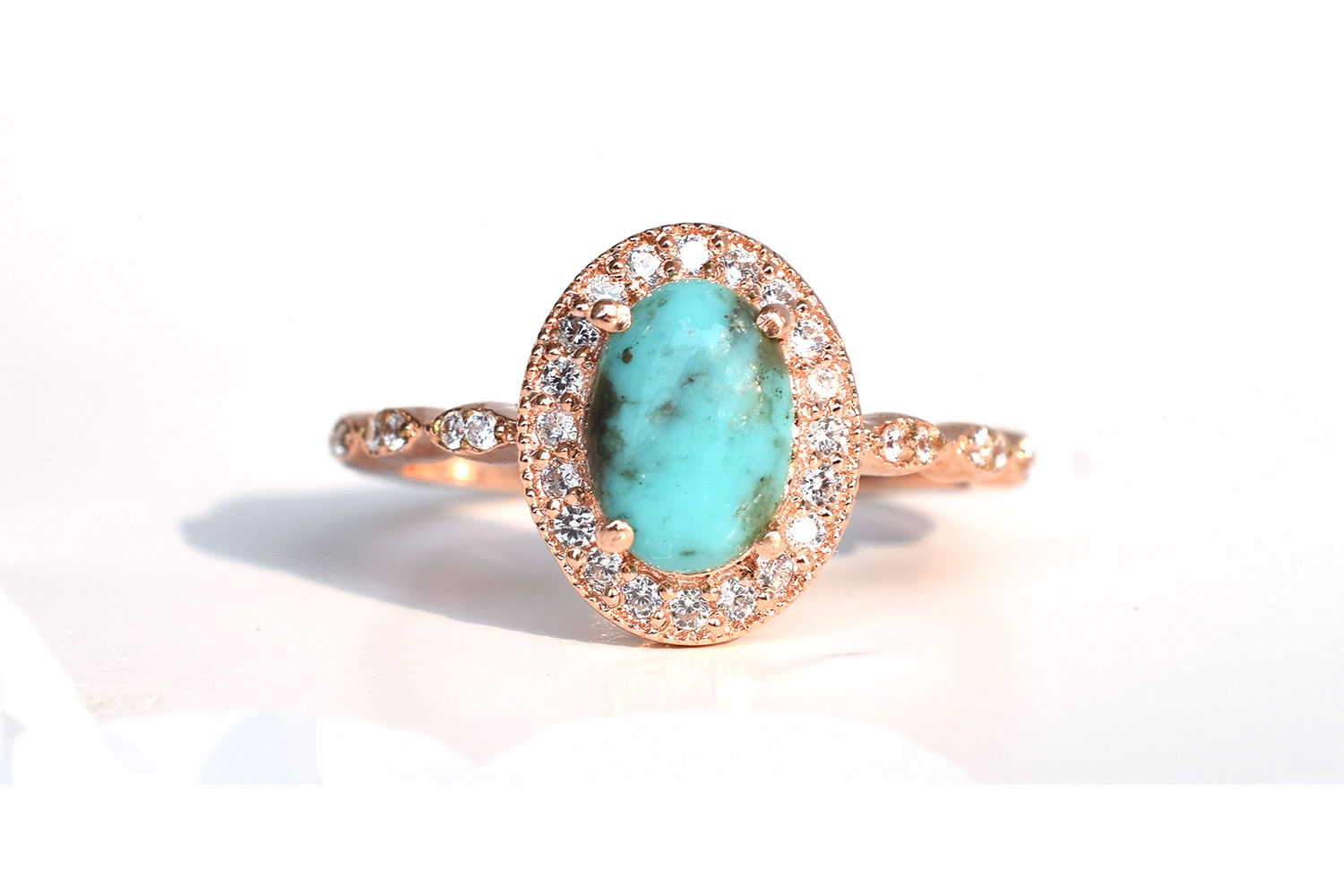 Natural Turquoise 18k Rose Gold Halo Diamond Engagement Ring
