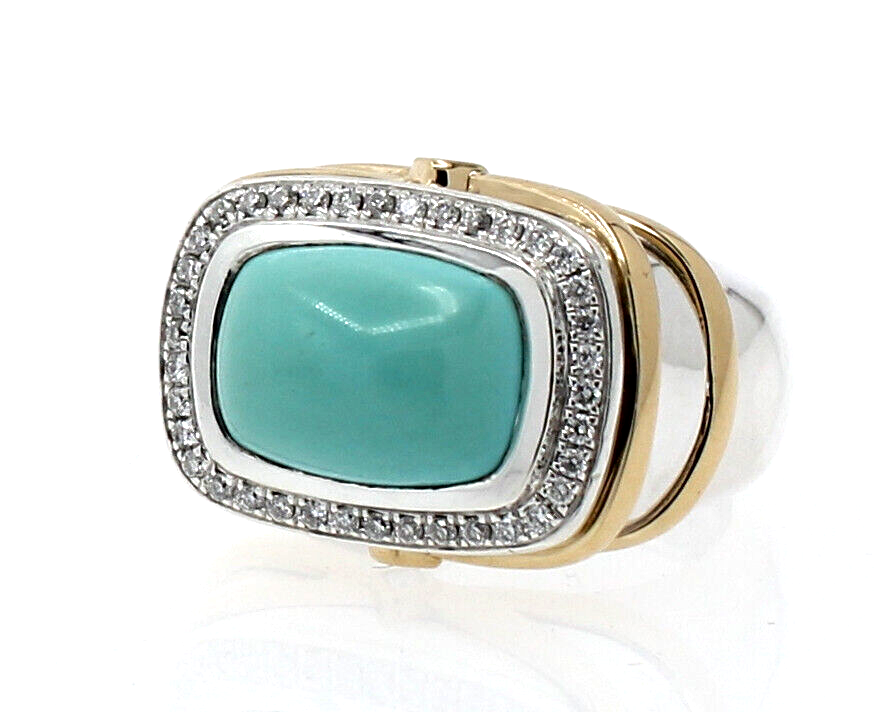 TYCOON 18k White/Yellow Gold Cushion Turquoise Diamond Ladies Ring Size