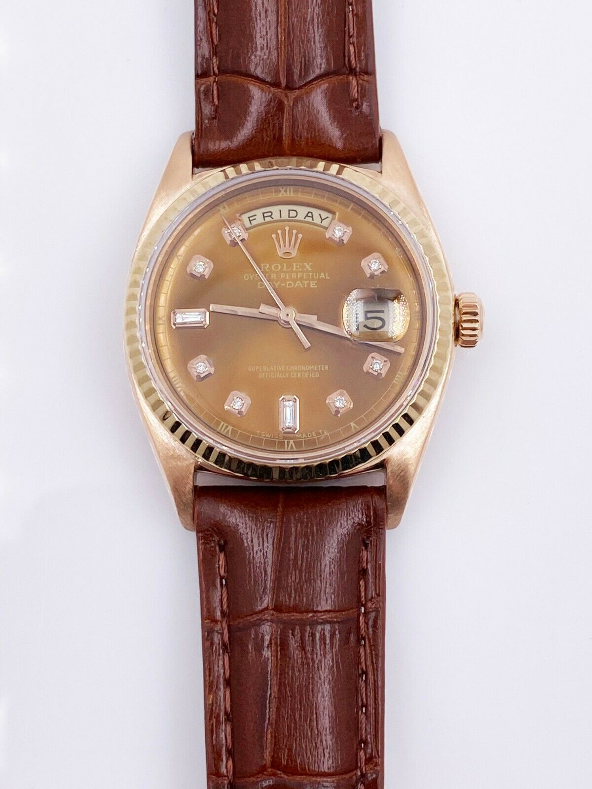 Rolex President Day Date 1803 Chocolate Diamond Dial 18K Rose Gold Leather Strap