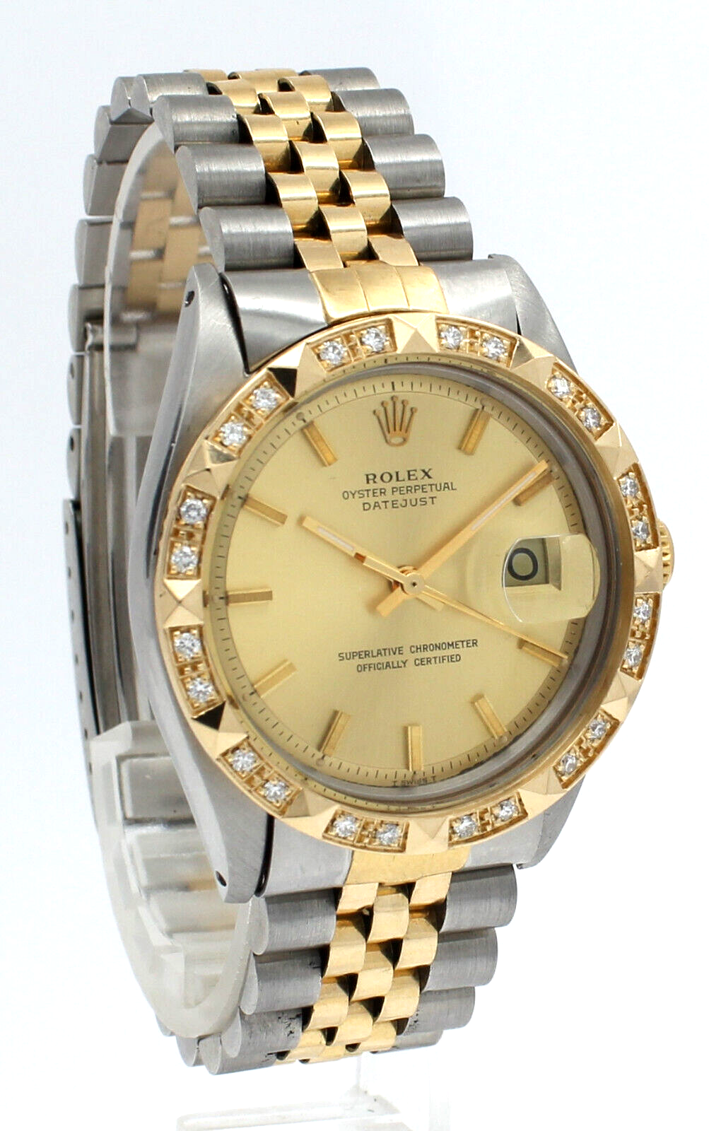Mens ROLEX Oyster Perpetual Datejust 36mm Gold Stick Dial  Pyramid Diamond Watch