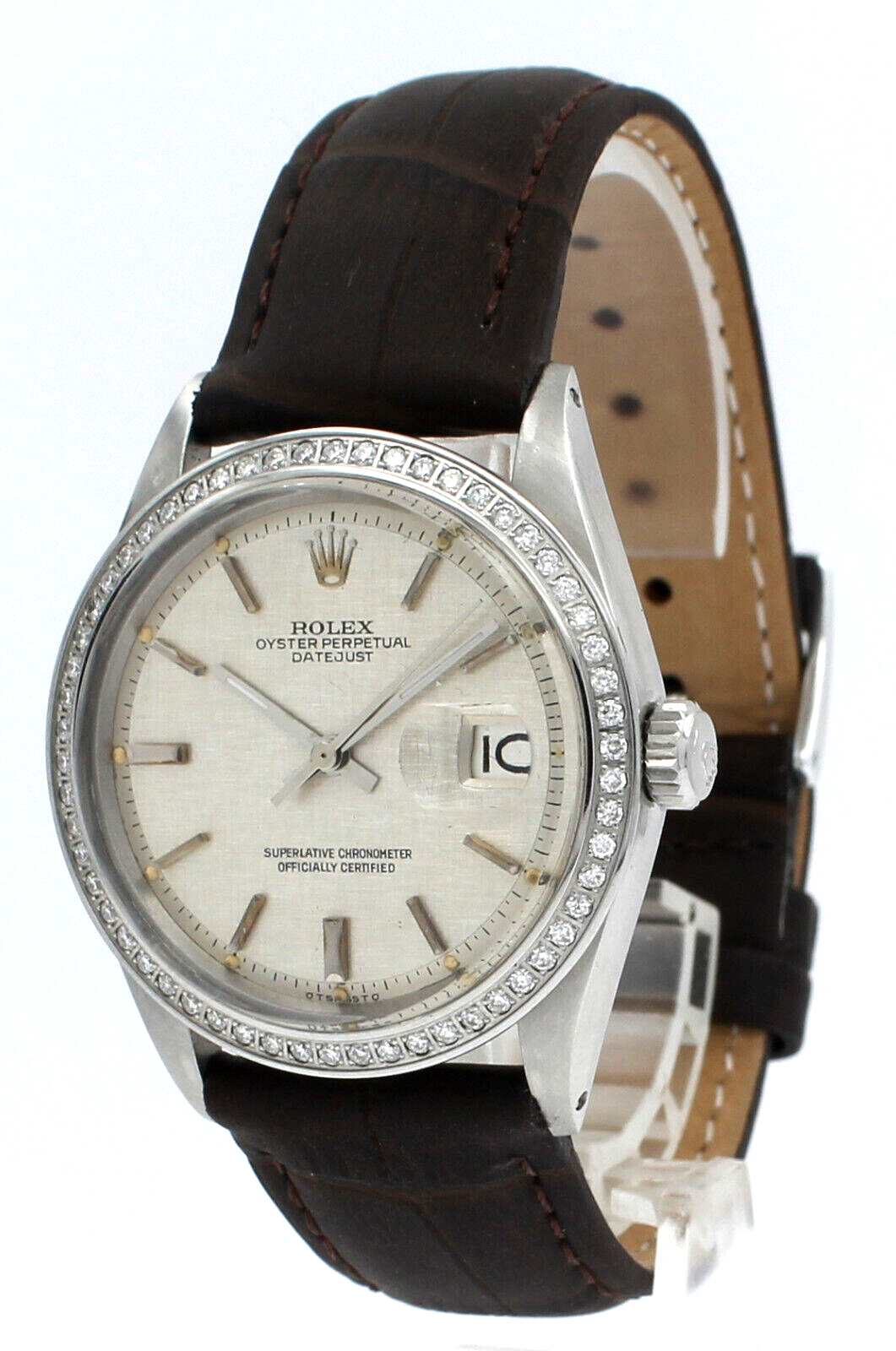 Mens Rolex Oyster Perpetual Datejust Stainless White Gold Diamonds 36mm Linen