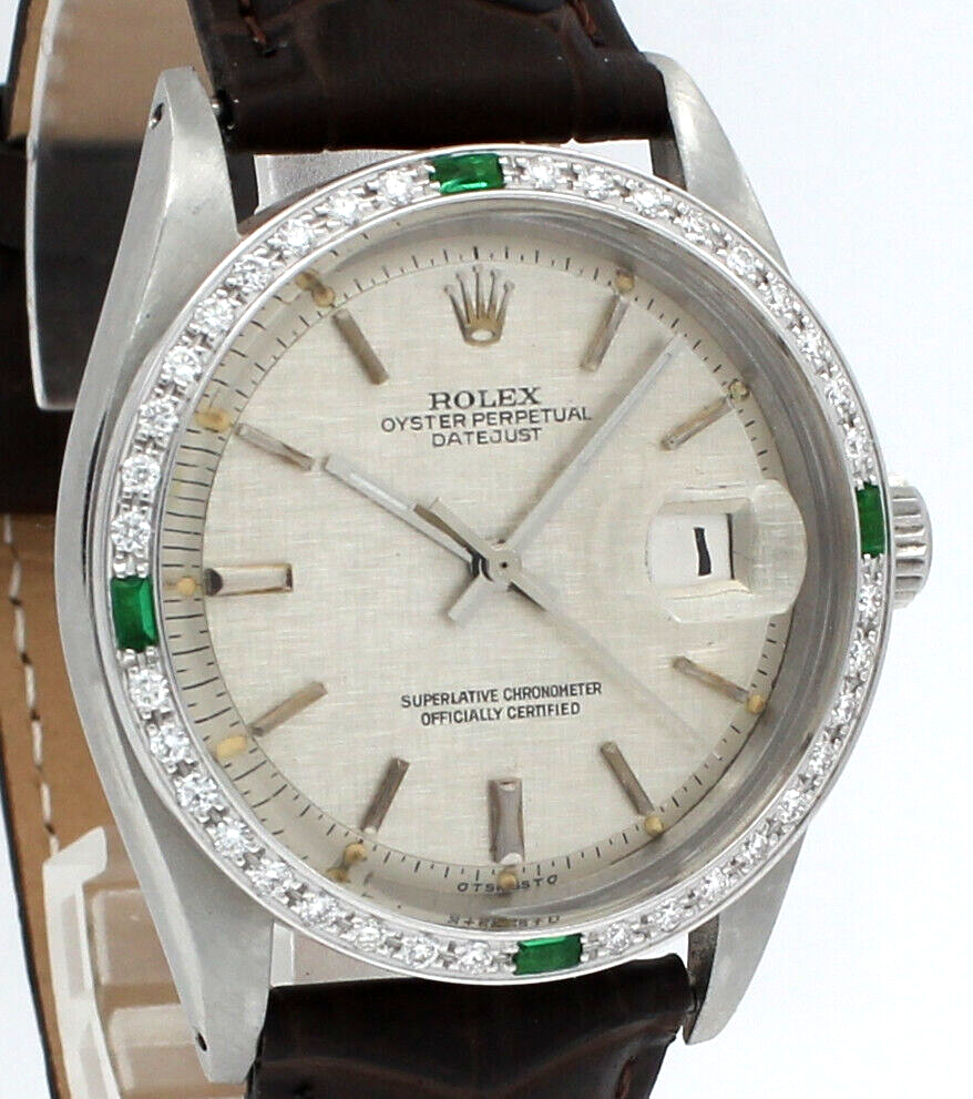Mens Rolex Oyster Perpetual Datejust Stainless White Gold Diamonds Green 36mm