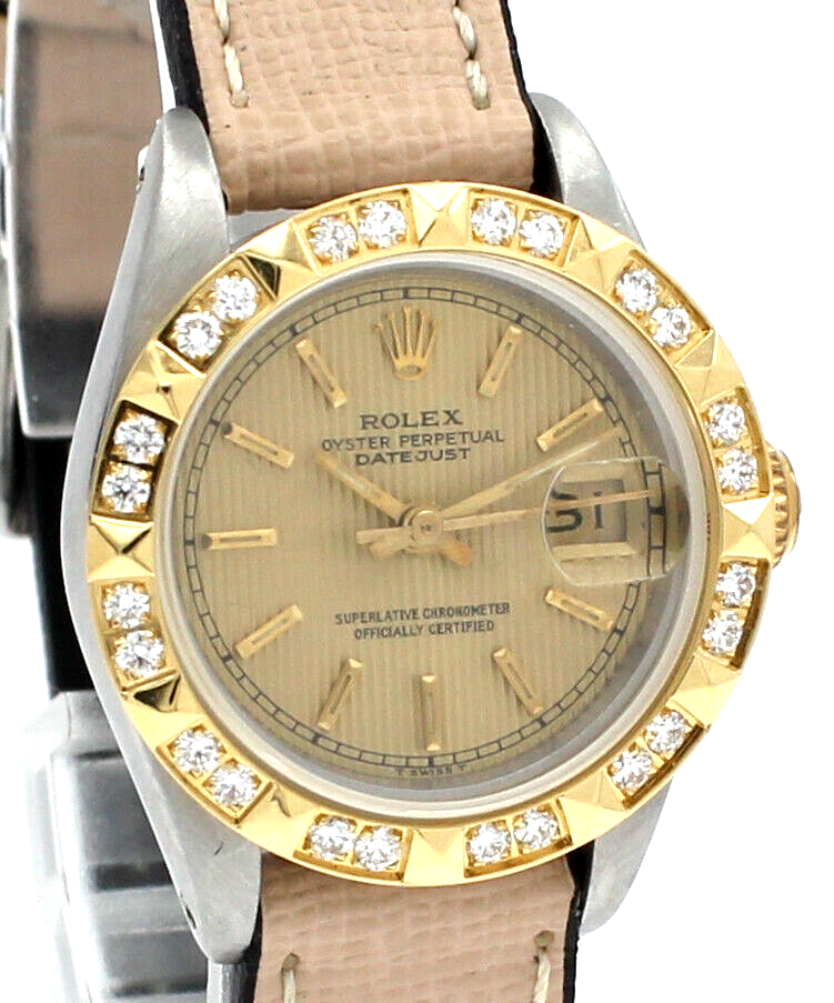 Ladies Vintage ROLEX Oyster Perpetual Datejust 26mm Gold Tapestry Dial Watch