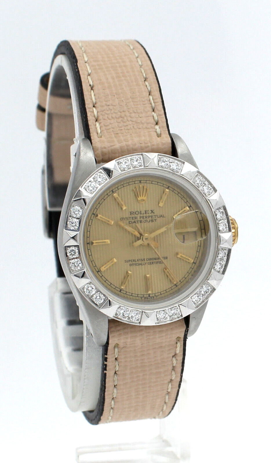 Ladies Vintage ROLEX Oyster Perpetual Datejust 26mm Gold Dial Pyramid Diamond