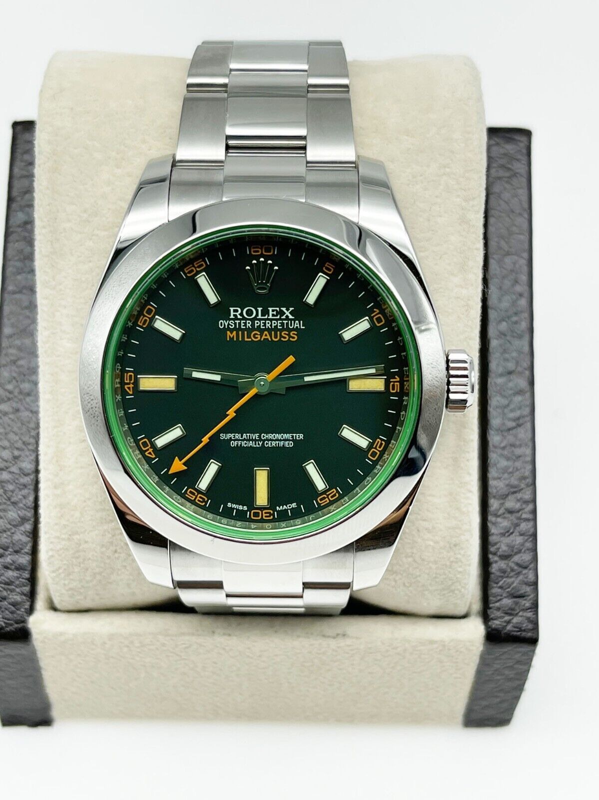Rolex Milgauss 116400GV Green Crystal Black Dial Stainless Steel
