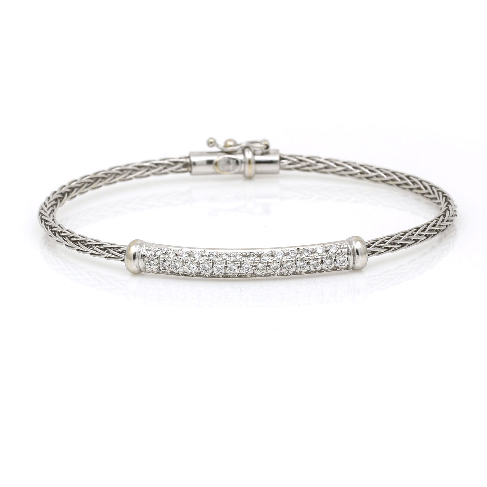 Roberto Coin Pave Diamond Bar Woven Silk Bangle Bracelet in 18k White Gold