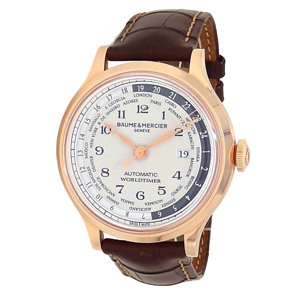 Baume & Mercier Capeland Worldtimer 18k Rose Gold Auto White Mens Watch