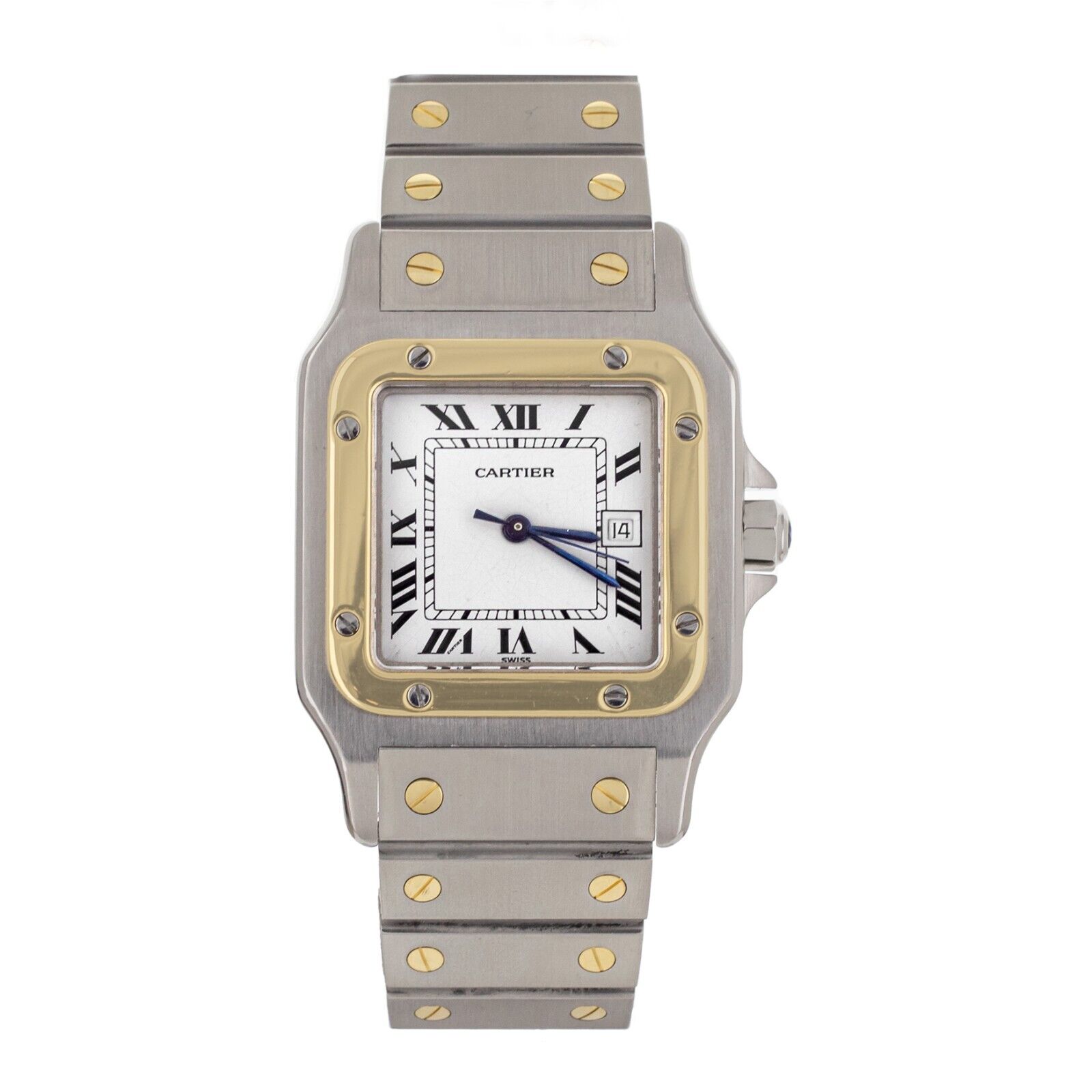 Cartier Santos White Dial Stainless Steel Yellow Gold Bracelet Date Watch