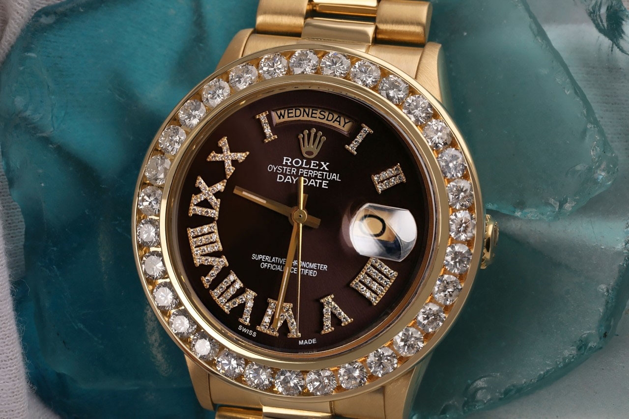 Rolex 36mm Presidential 18kt Gold chocolate Roman Diamond Numeral Dial Diamond Bezel 18038