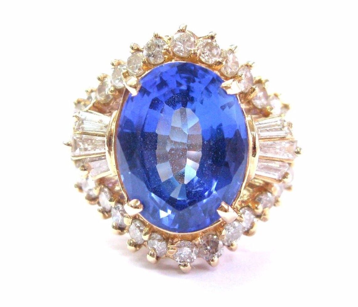 NATURAL Oval Tanzanite & Diamond 14Kt Yellow Gold Solitaire W Accent Ring 6.38Ct