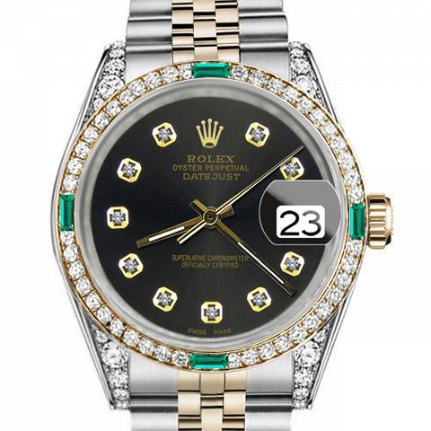 Men's Rolex 36mm Datejust Two Tone Jubilee Chocolate Dial Diamond Accent Bezel + Lugs + Emerald