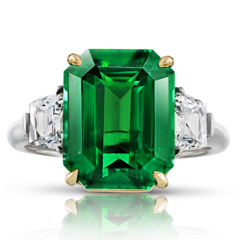 David Gross Emerald Cut Green Tsavorite and Diamond Ring