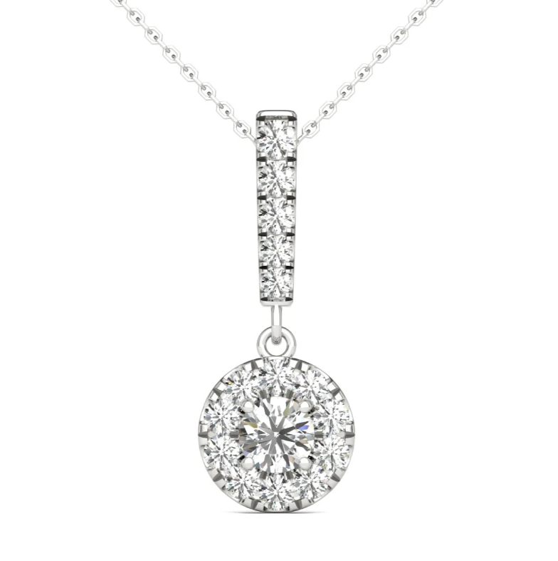 3/4 Ct tw 14K White Gold Natural Diamond Halo Stick Pendant Necklace
