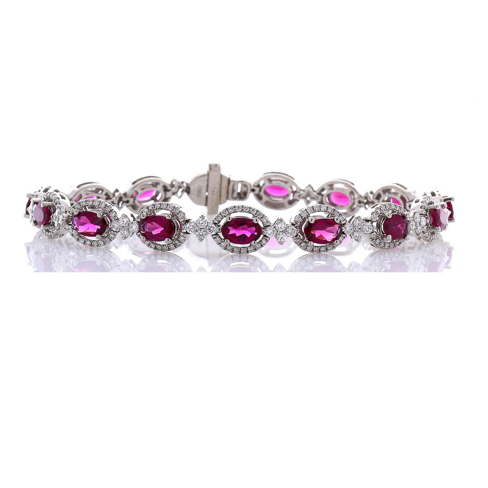  Heritage Gem Studio 5.43 Carat Total Oval Rubelite and Diamond Bracelet in 18 Karat White Gold