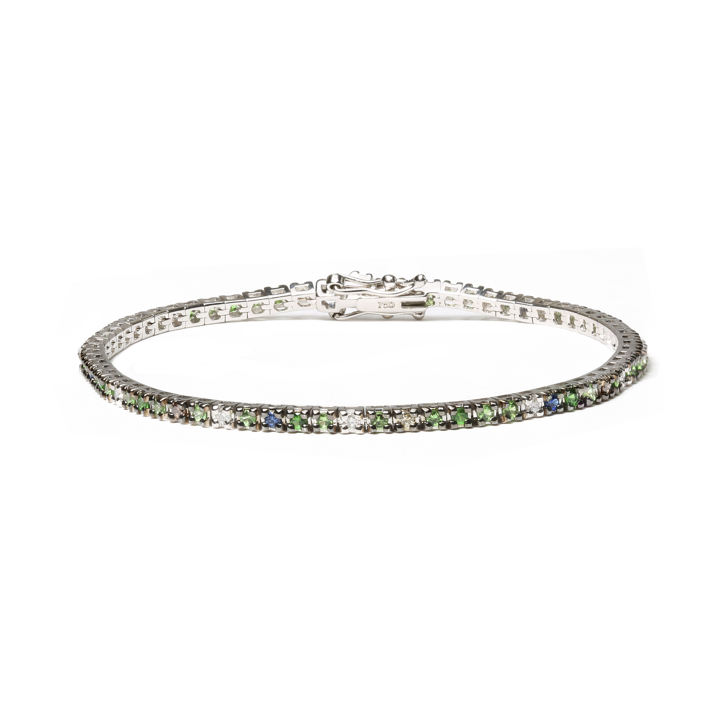 True 18K White Gold 3/8 Cttw Diamond with Blue Sapphire and Green Tsavorite Gemstone Multi-Colored Tennis Bracelet (Brown and G-H Color, SI1-SI2 Clarity) - Size 7"