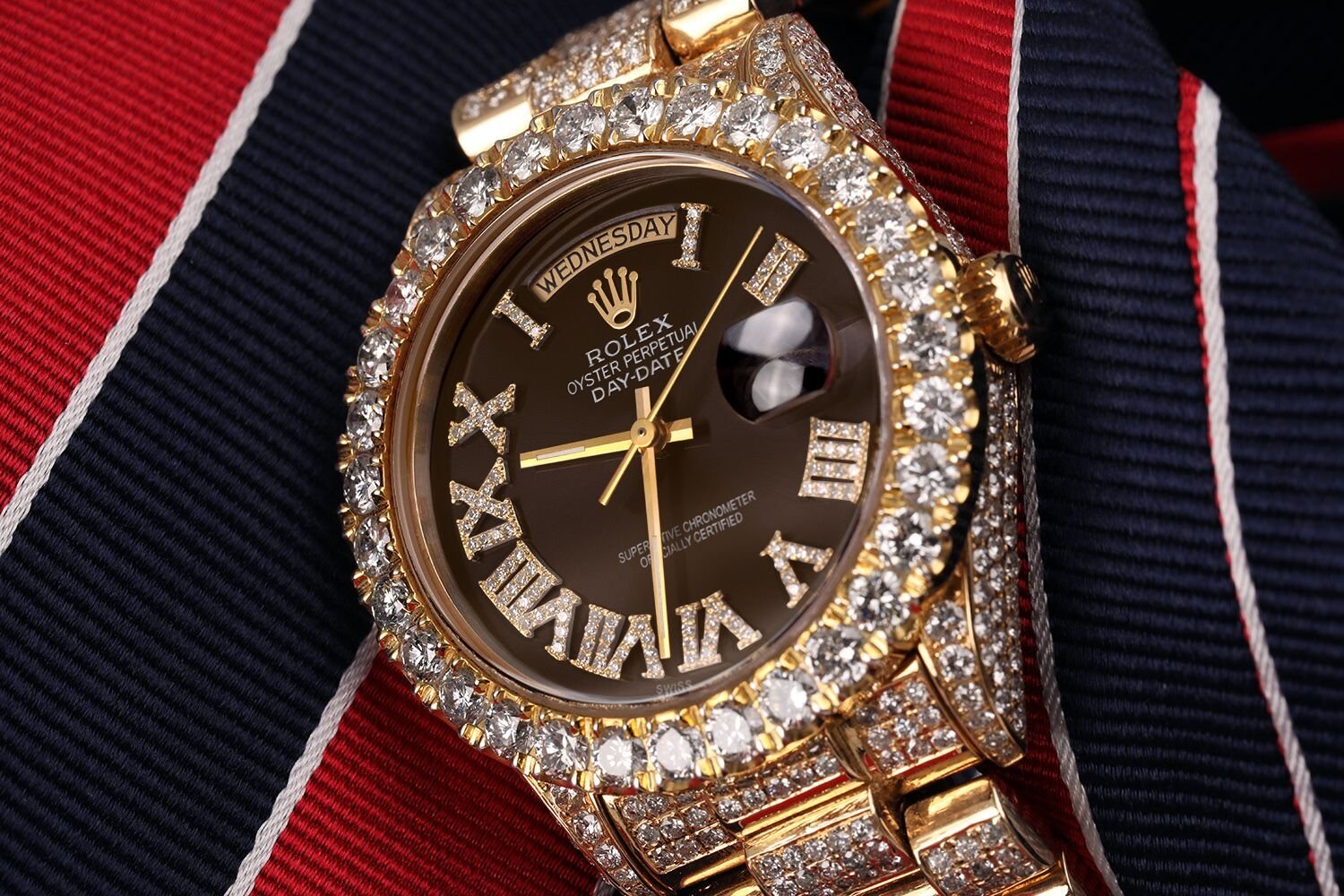 Rolex 36mm Presidential 18kt Gold Chocolate Roman Diamond Numeral Dial Fully Iced Out Watch 