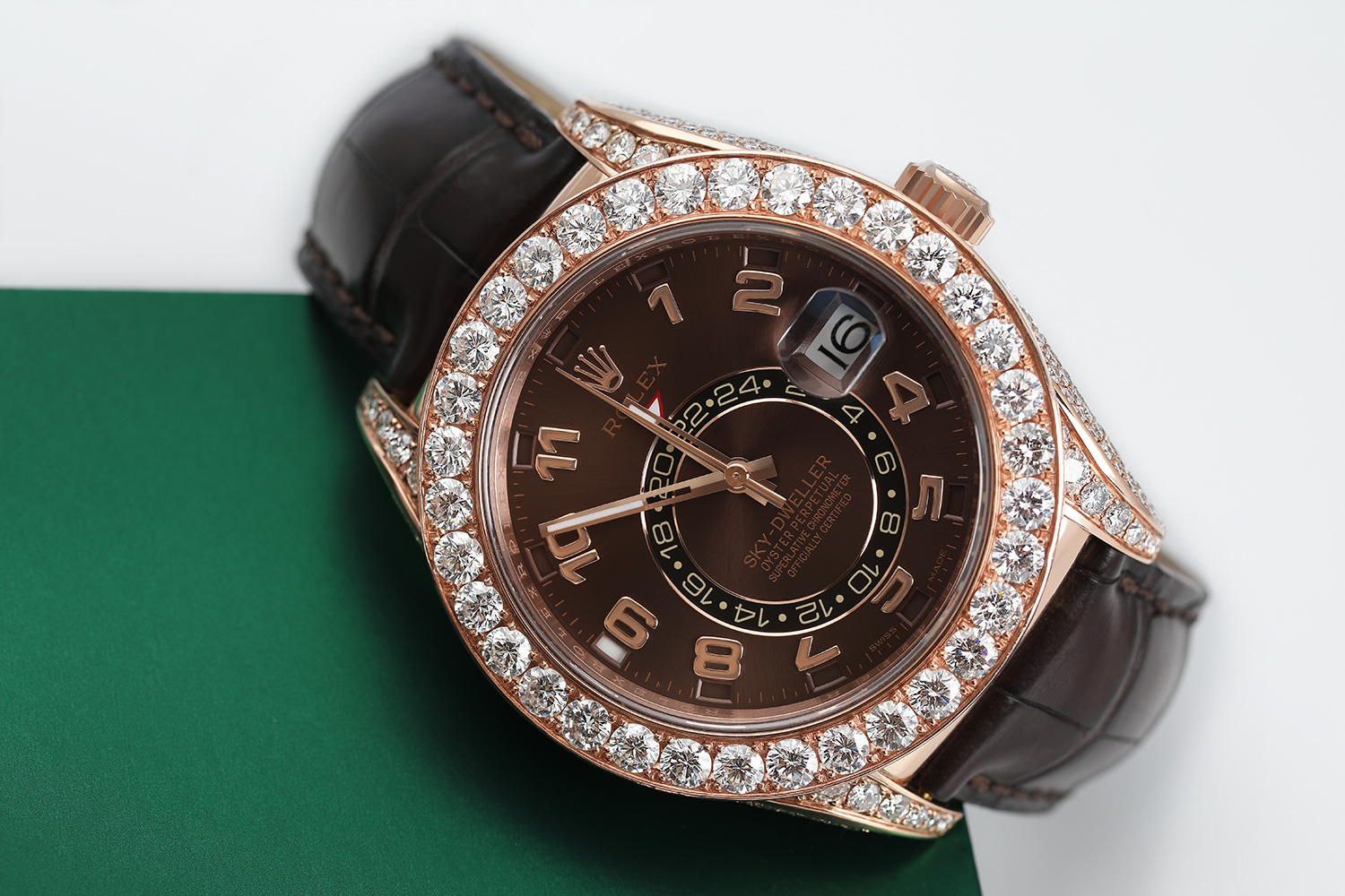 Rolex Sky Dweller 18Kt Rose Gold Custom Diamond Watch with Chocolate Arabic Dial Brown Leather Strap 326135