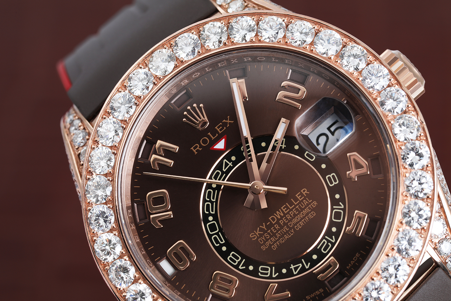 Rolex Sky Dweller Custom Diamond Watch 18Kt Rose Gold  with Chocolate Arabic Dial Rubber Strap 