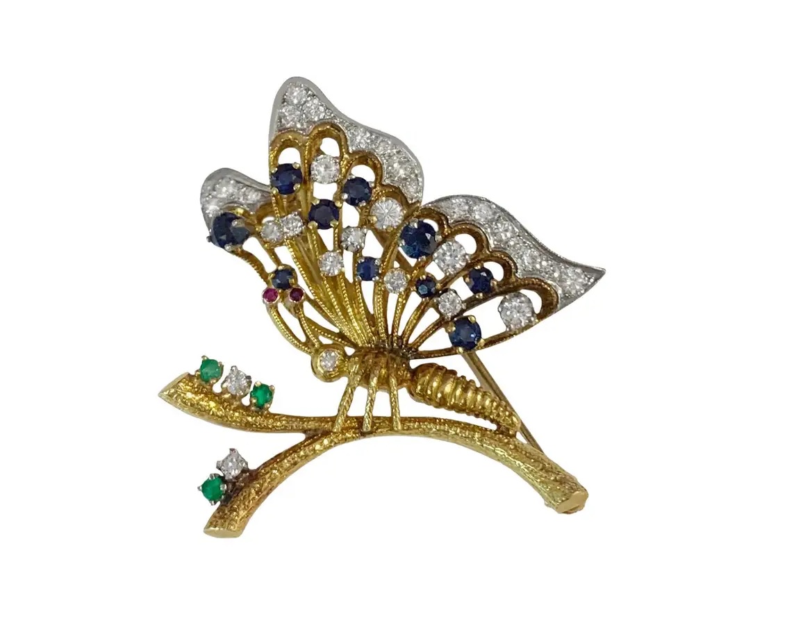 Vintage Butterfly Yellow Gold Brooch with Diamonds